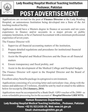 Finance Director Job in Lady Reading Hospital Medical Teaching Instittution