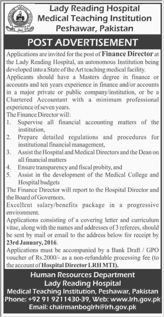 Finance Director Job in Lady Reading Hospital Medical Teaching Institution