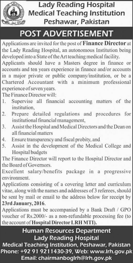 Finance Director Jobs in Lady Reading Hospital Medical Teaching Institution