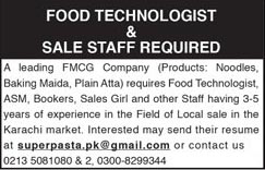 Food Technologist and Sales Staff Jobs in FMCG Company