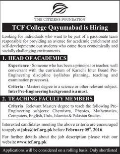 Head and Teachers Jobs in TCF College Qayumabad