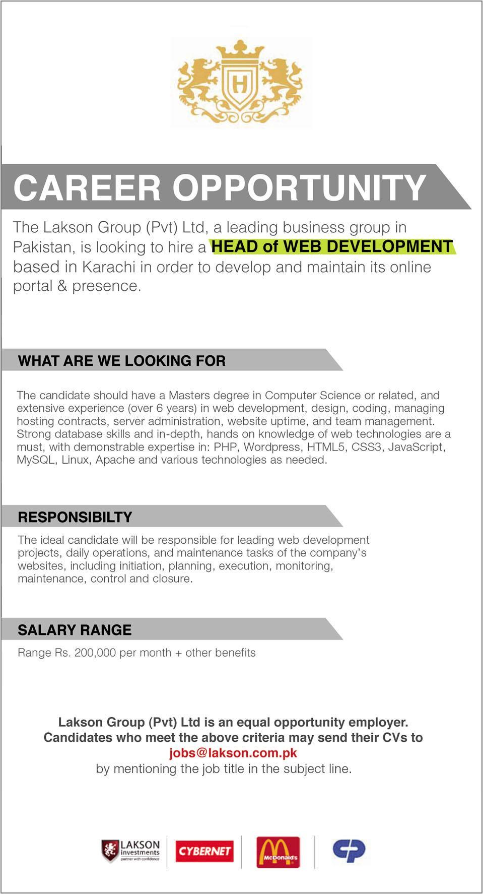 Head of Web Development Jobs i The Lakson Group Pvt