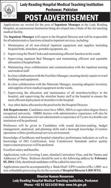 Impatient Manager Jobs in Lady Reading Hospital Medical Teaching Institution