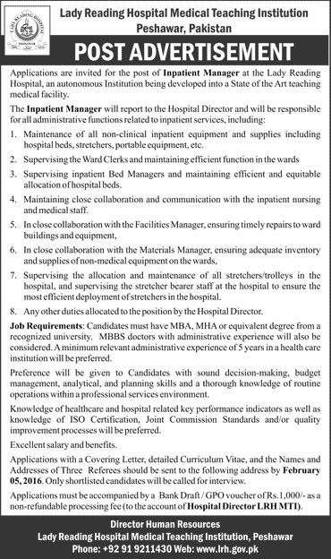 Inpatient Manager Jobs in Lady Reading Hospital Medical Teaching Institution