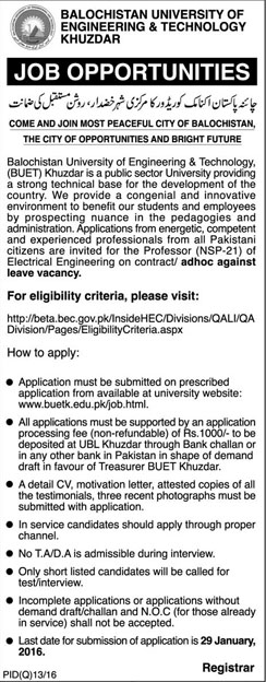 Job Opportunities in Balochistan University of Engineering & Technology Khuzdar