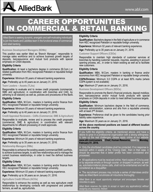 Jobs in Commercial & Retail Banking - Allied Bank of Pakistan