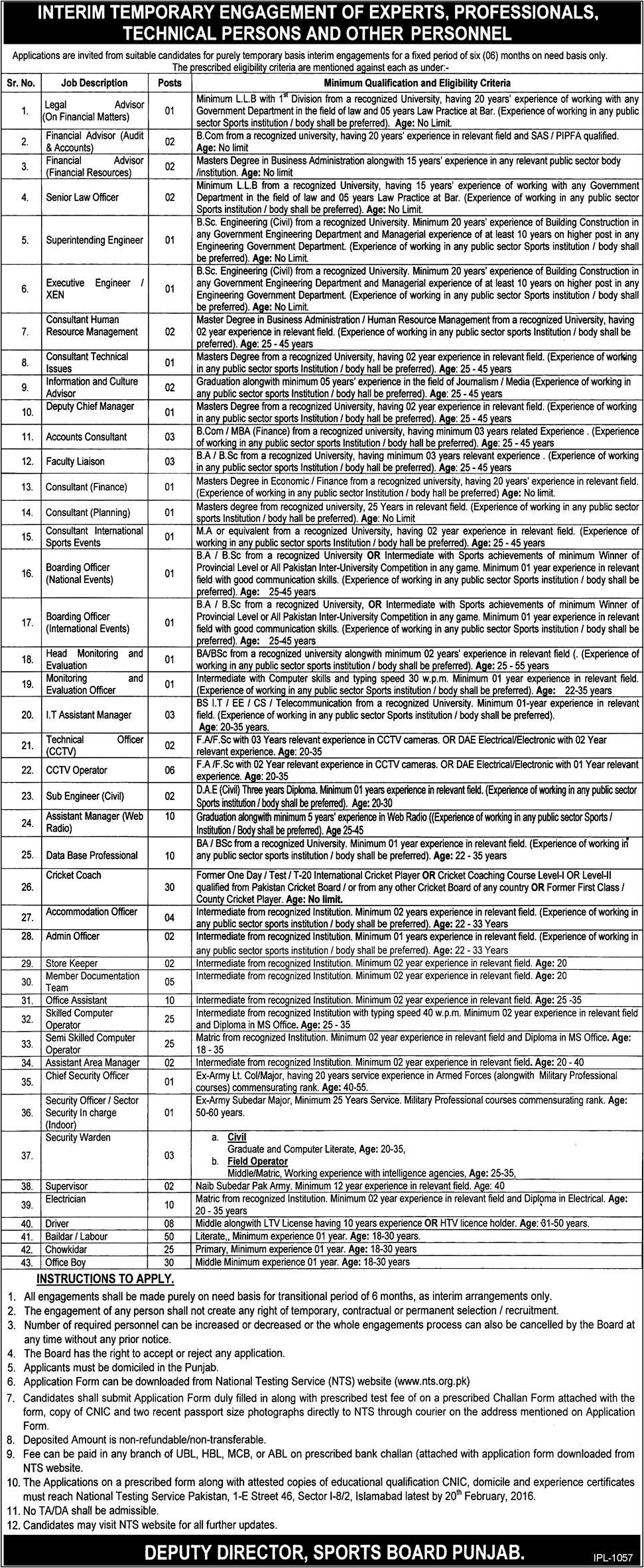 Legal Advisor Financial Advisor Senior Law Officer Superintending Engineer and Driver Jobs in Deputy Director Sports Board Punjab