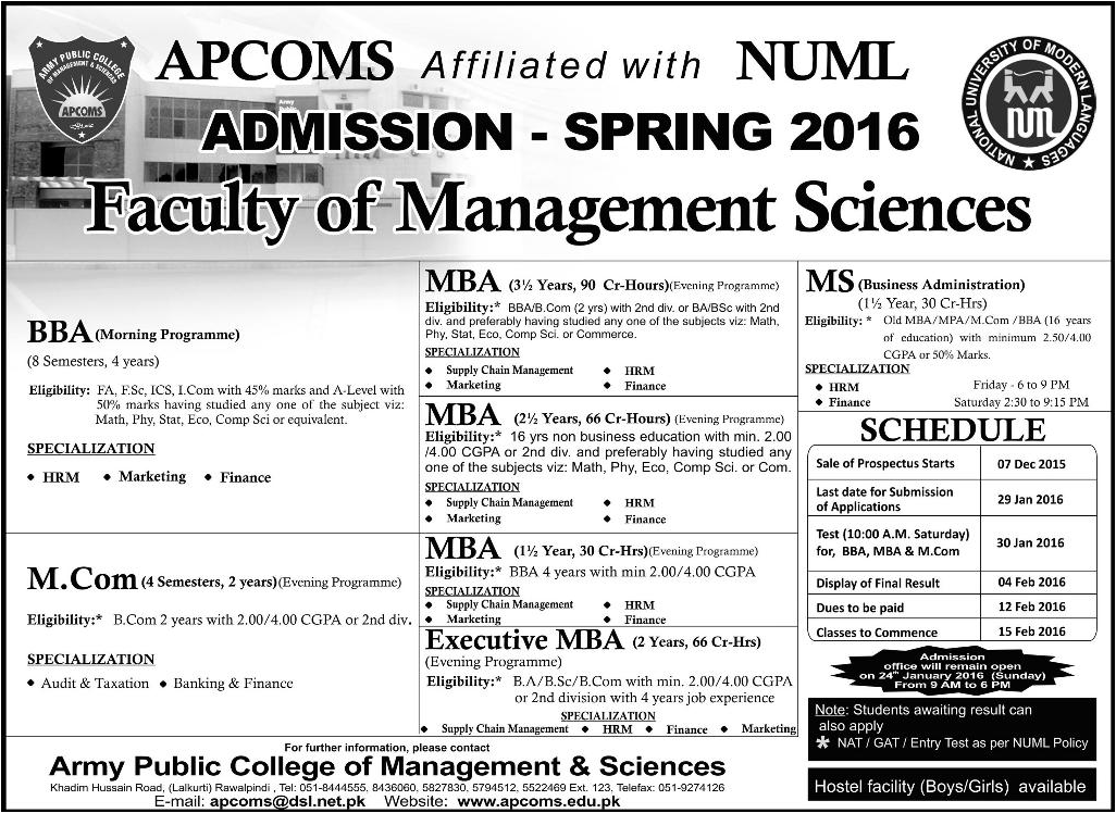 MBA BBA MS and M.Com Admissions in APCOMS Faculty of Management Sciences
