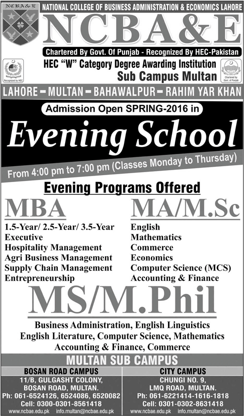 MBA MA MSc and M.Phill Admissions in NCBA&E