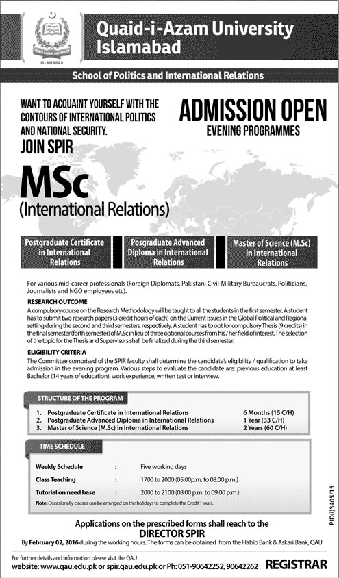 MSC Admissions in Quadi-e-Azam University Islamabad
