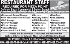 Manager, Assistant, Cashier and Other Jobs in Pizza Point