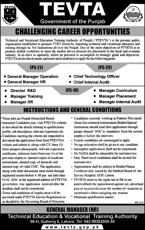 Manager and Officer Jobs in TEVTA
