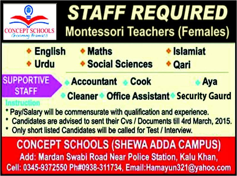 Montessori Teachers Jobs in Concept School Shewa Adda