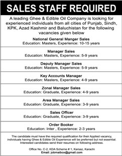 National General Manager Sales Manager and Deputy Manager Jobs in Ghee & Edible Oil Company