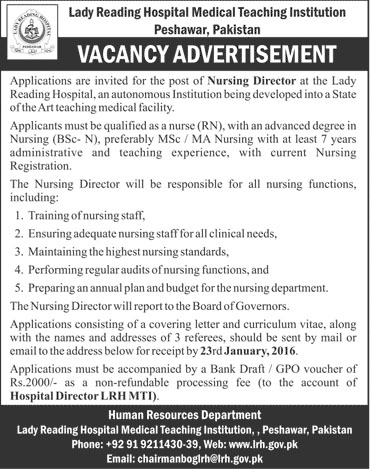 Nursing Director Job in Lady Reading Hospital Medical Teaching Institution