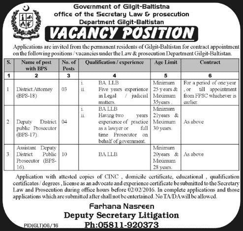 Officer Jobs in Office of the Secretary Law & Prosecution Department Gilgit