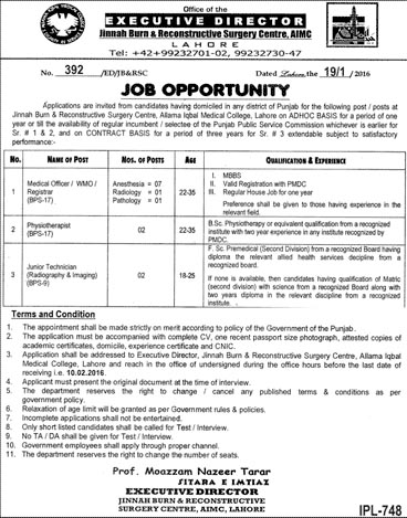 Officer, Technician and Other jobs in Jinnah Burn & Reconstructive Surgery Centre