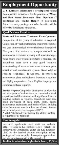 Operator and Helper Jobs in U.S Embassy Islamabad