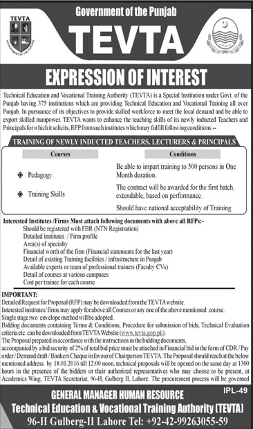 Pedagogy and Training Skills Technical Education Admissions in TEVTA