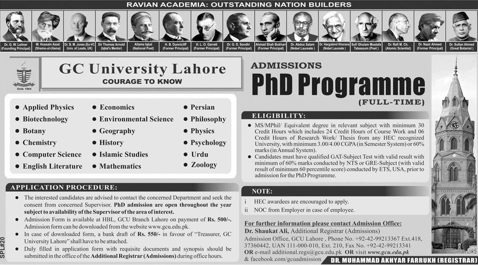 PhD Admisions in GC University of Lahore