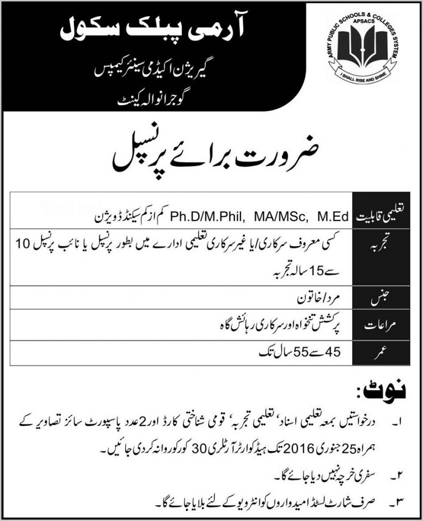 Principal Jobs in Army public School