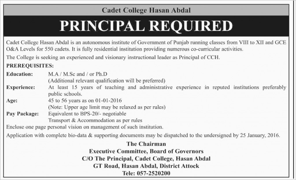 Principal Jobs in Cadet College Hasan Abdal