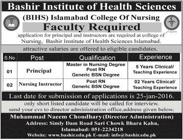 Principal Nursing Instructor Jobs in Bashir Institute of Health
