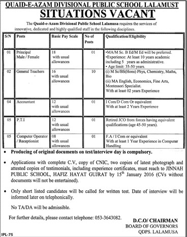 Principal, Teachers & Accountant Jobs in Quaid-e-Azam Divisional Public School Lalamust