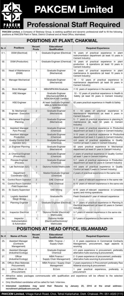 Professional Staff Jobs in PAKCEM Limited