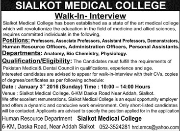 Professor, Associate Professor, Officer and Assistants Jobs in Sialkot Medical College
