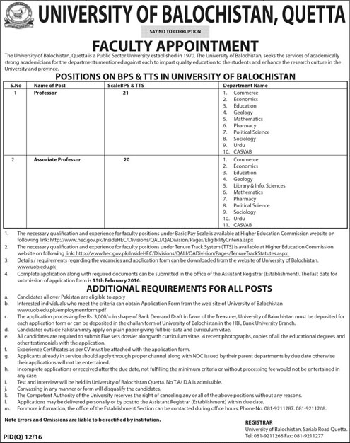 Professor Jobs in University of Balochistan