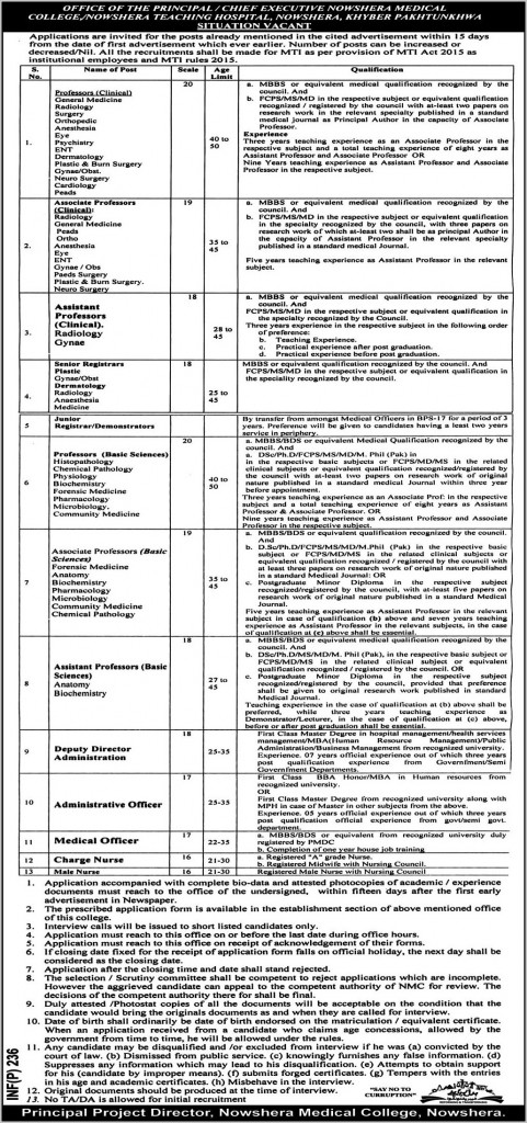 Professors, Registrar, Medical Officer, Nurse and Other Jobs in Nowshera Teaching Hospital Nowshera, Khyber Pakhtunkhwa