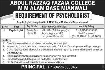 Psychologist Jobs in Abdul Razza Fazaia College M M Alam Base Mianwali