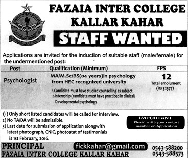 Psychologist Jobs in Fazaia Inter College Kallar Kahar
