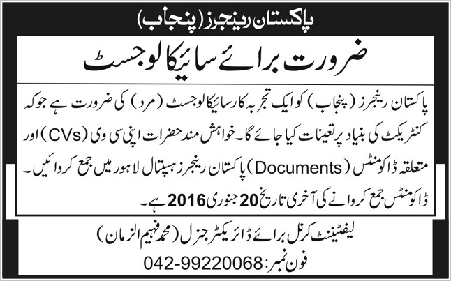 Psychologist Jobs in Pakistan Rangers Punjab