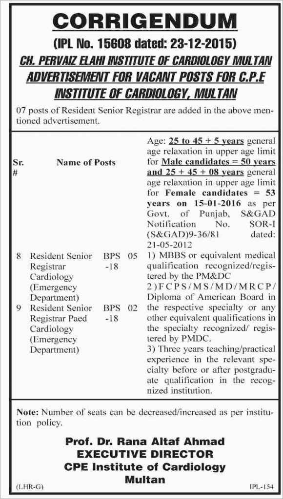 Registrar Jobs in Ch. Pervaiz Elahi Institute of Cardiology Multan
