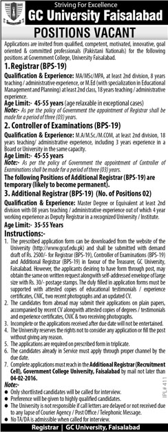 Registrar and Controller Examination Jobs in GC University Faisalabad
