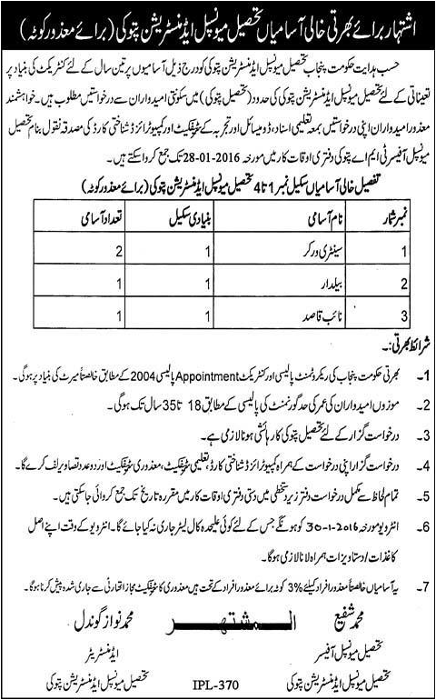Sentary Worker Jobs in Tehsil Municipal Administration Pattoki