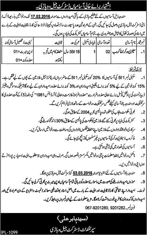 Sentery Worket Khakroob jobs in District Jail Vehari