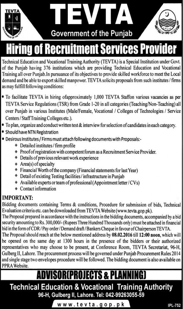 Service Provider Jobs in TEVTA Govt of the Punjab