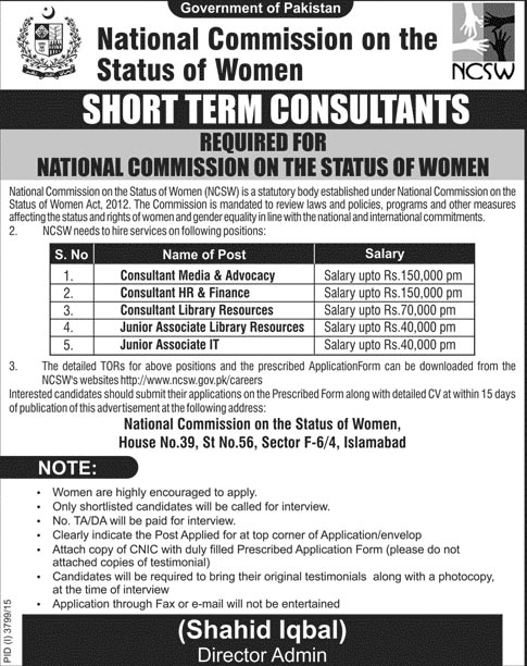 Short Term Consultants Jobs in National Commission on the Status of Women