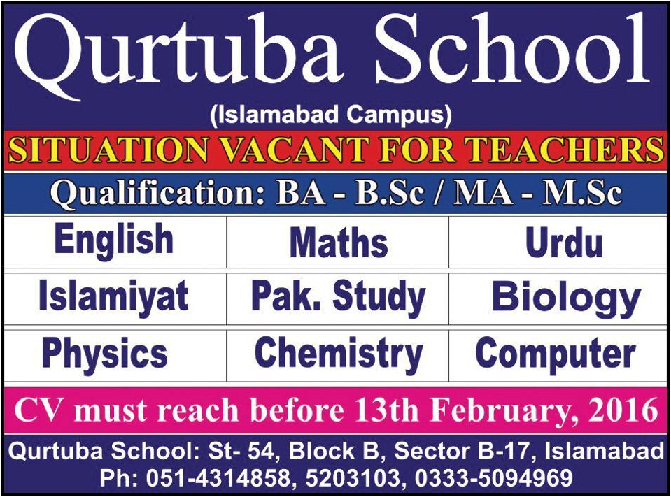 Teachers Jobs in Qurtuba School Islamabad
