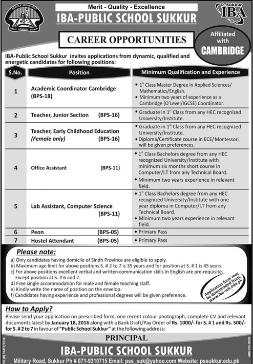 Teachers and Assistant Jobs in IBA Public School Sukkur