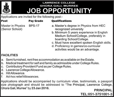 Teachers of Master in Physics Jobs in Lawrence COllege Ghora Gali, Murree