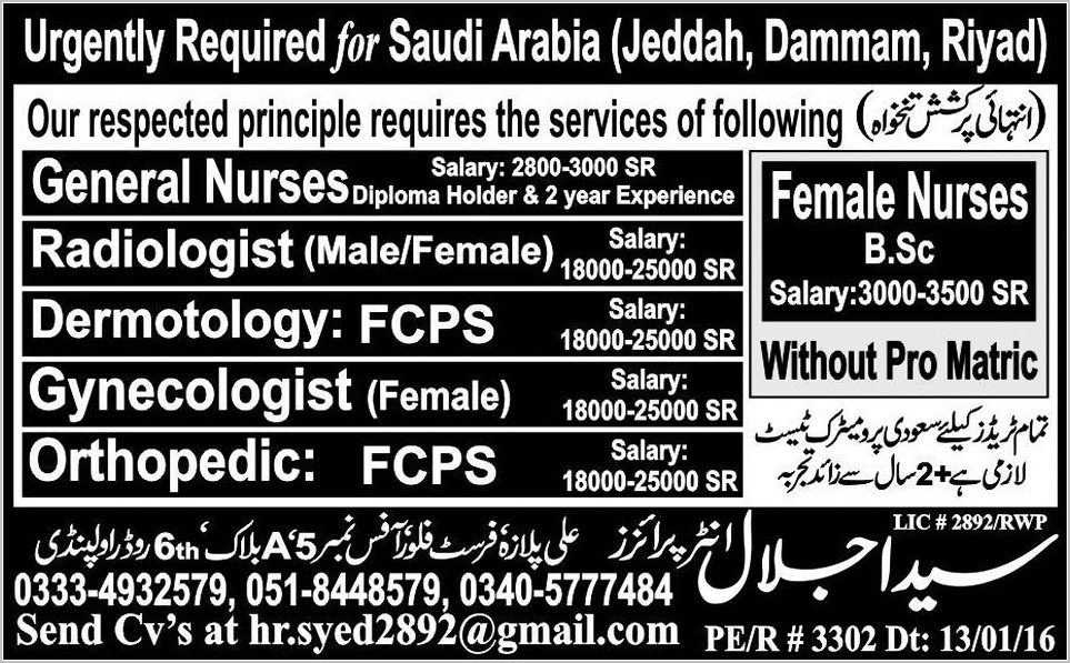 Urgently Requried, Nurses, Radiologist, Dermotology Gynecologist and Orthopedic Jobs in Saudi Arabia