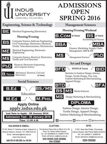 Various Admissions in Indus University