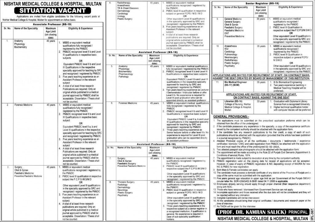 Various Jobs in Nishtar Medical COllege & Hospital Multan