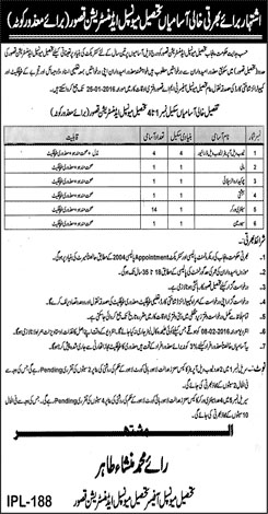 Various Jobs in Tahseel Municipal Administration Qasoor