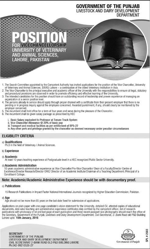Vicechancellorship job in University of Veterinary and Animal Sciences Lahore
