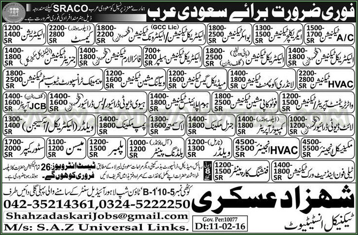 AC Technician, AC Electrician, Medical Gac Technician Pump Mechanic, Welder and Many Other Jobs in Saudi Arab